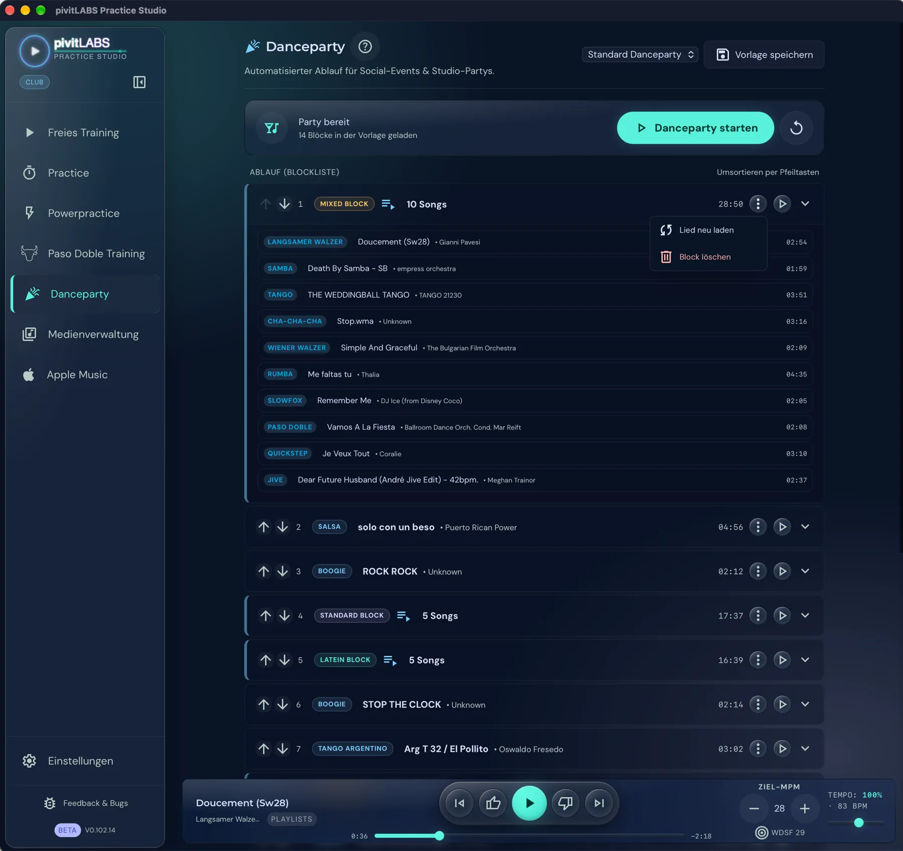 Der aufgeklappte Mixed Block mit seinen zehn Songs und dem Menü mit Lied neu laden und Block löschen