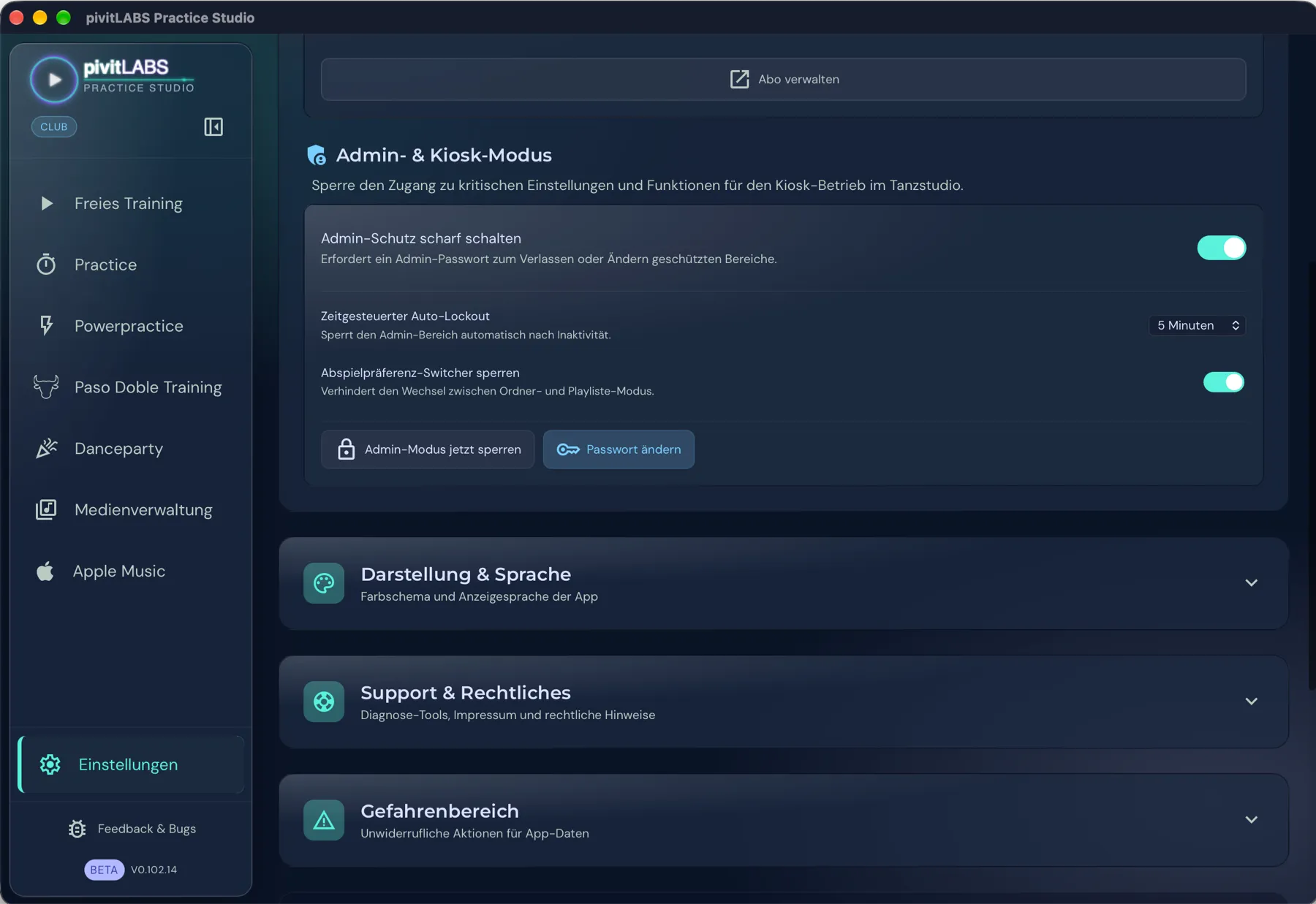 Der Admin- und Kiosk-Modus mit Auto-Lockout, Abspielpräferenz sperren und den Knöpfen zum Sperren und Passwort ändern