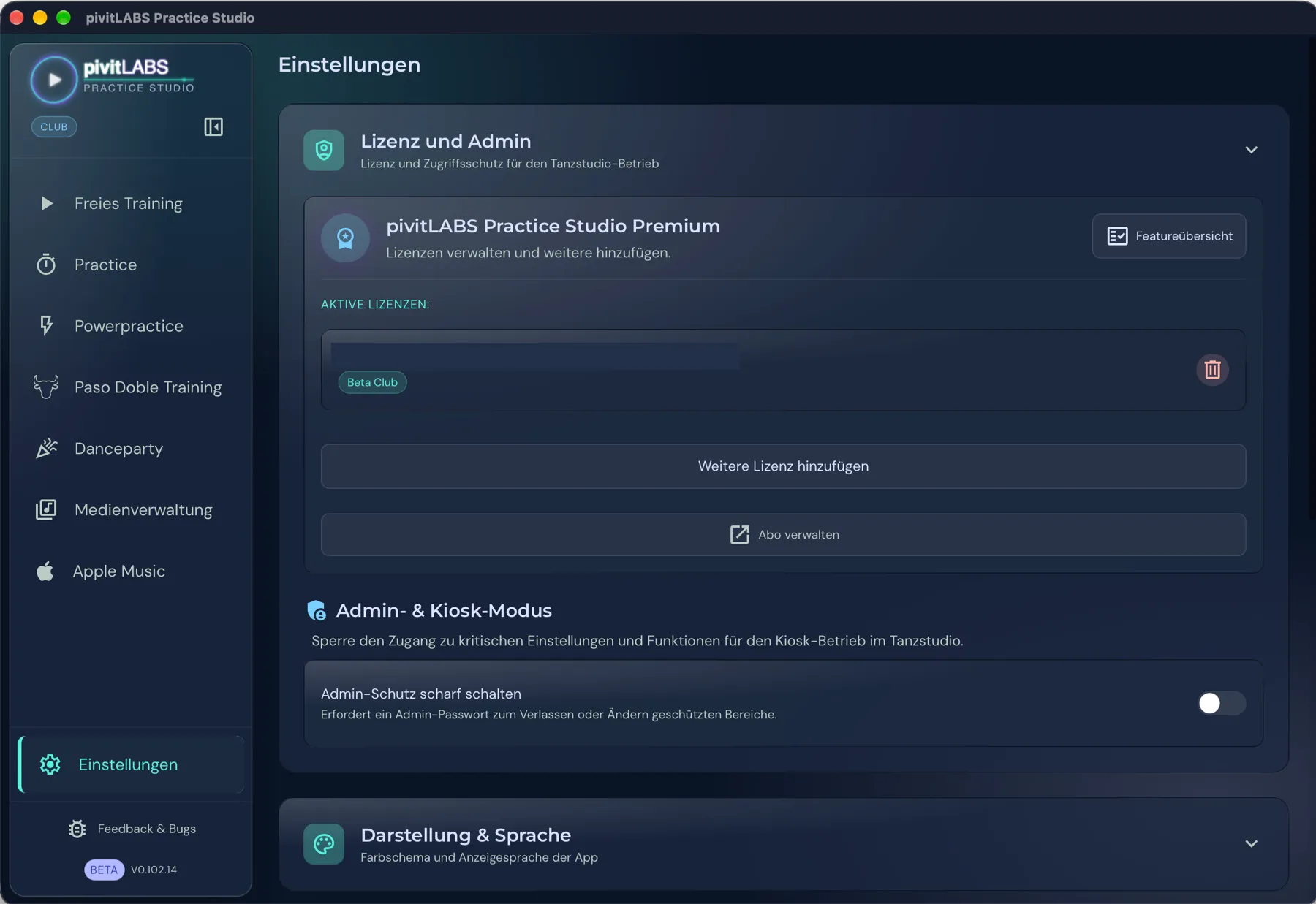 Der Bereich Lizenz und Admin mit der Lizenzverwaltung und dem Schalter für den Admin-Schutz