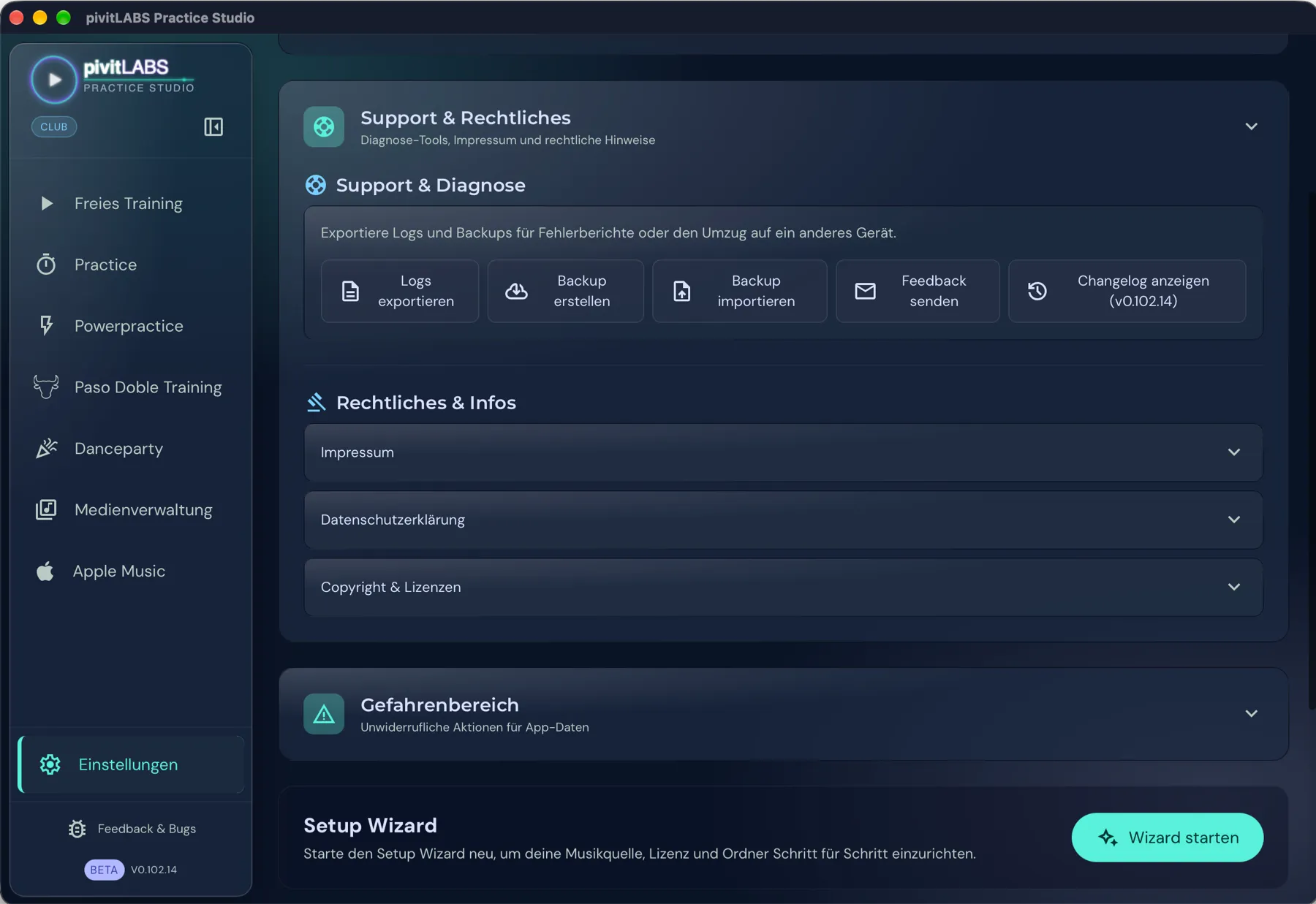 Der Bereich Support und Rechtliches mit den Knöpfen für Logs, Backup, Feedback und Changelog sowie Impressum, Datenschutzerklärung und Copyright