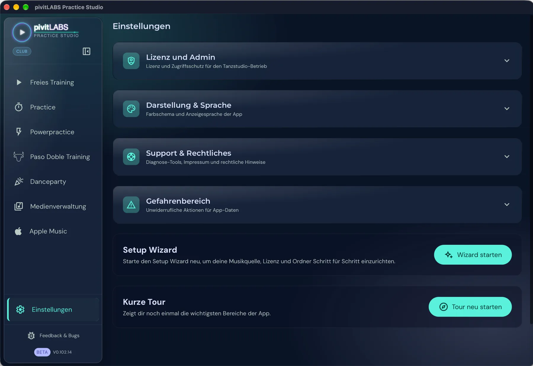 Die Einstellungen mit den vier Bereichen Lizenz und Admin, Darstellung und Sprache, Support und Rechtliches und Gefahrenbereich
