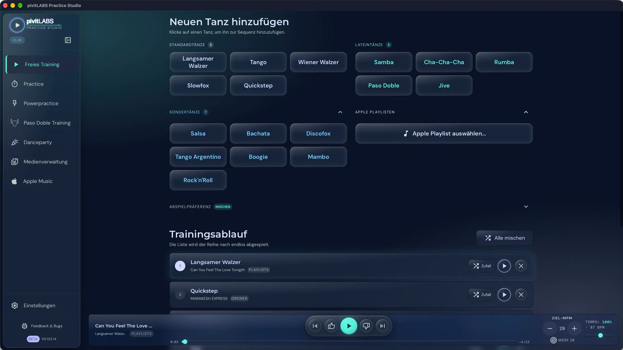 Freies Training mit aufgeklappten Sondertänzen und der Auswahl für Apple Playlisten