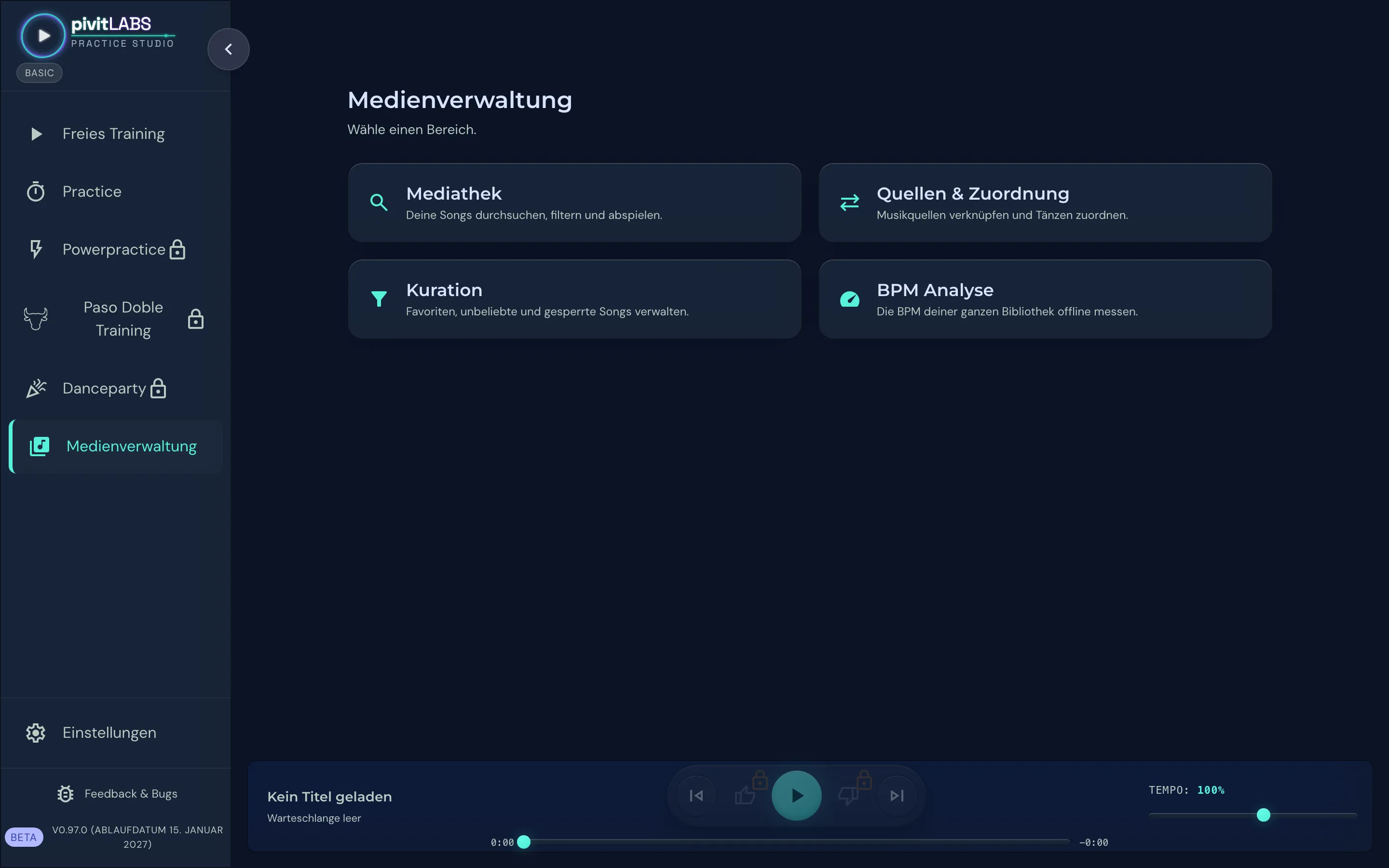 Medienverwaltung mit den vier Kacheln Mediathek, Quellen und Zuordnung, Kuration und BPM Analyse