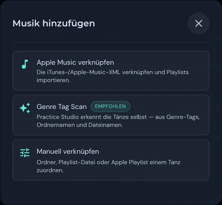Fenster Musik hinzufügen mit Apple Music verknüpfen, Genre Tag Scan (empfohlen) und Manuell verknüpfen