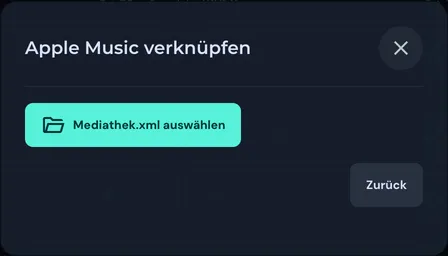Fenster Apple Music verknüpfen mit dem Knopf Mediathek.xml auswählen
