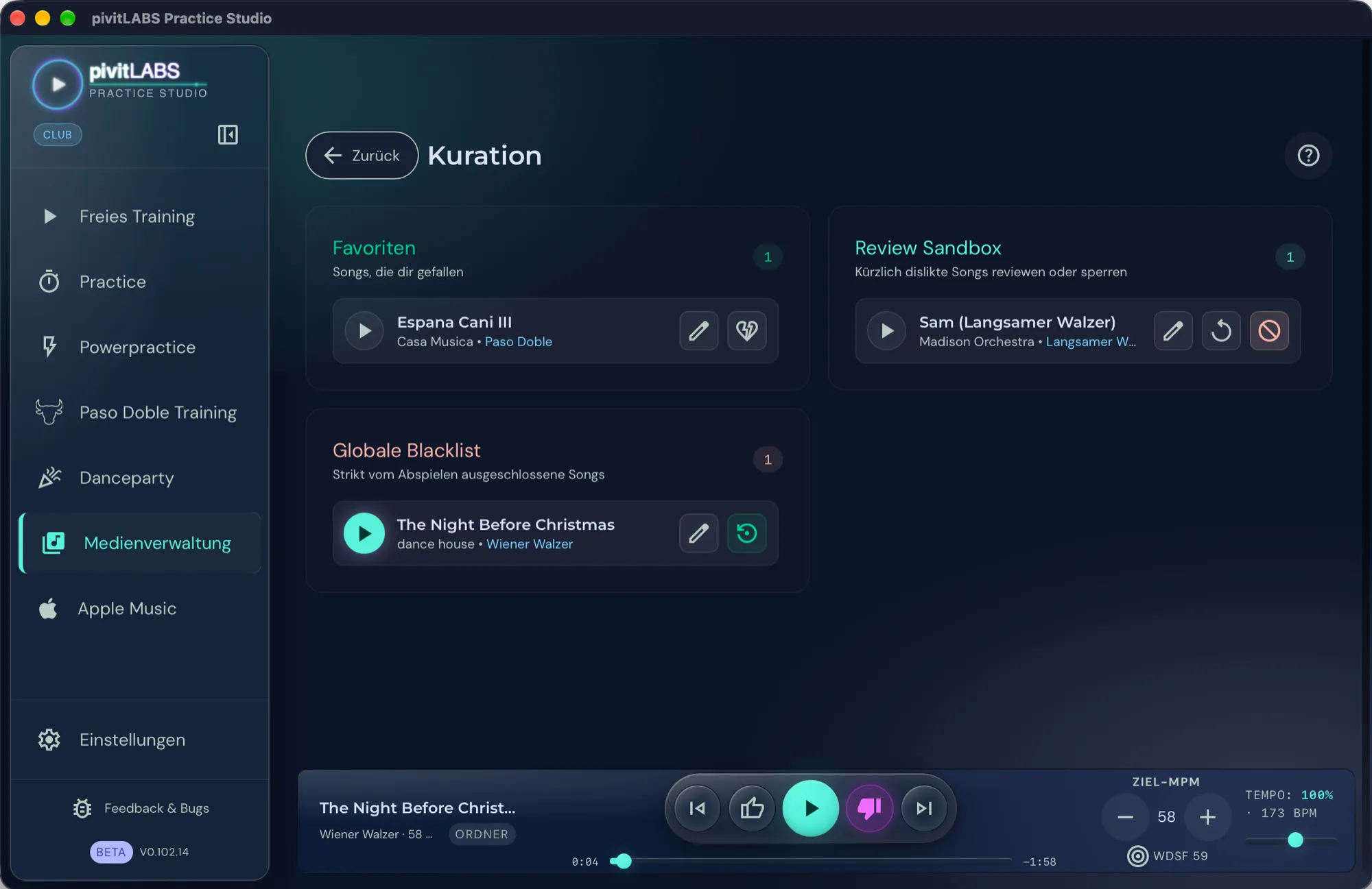Der Curation Hub mit den drei Bereichen Favoriten, Review Sandbox und Globale Blacklist