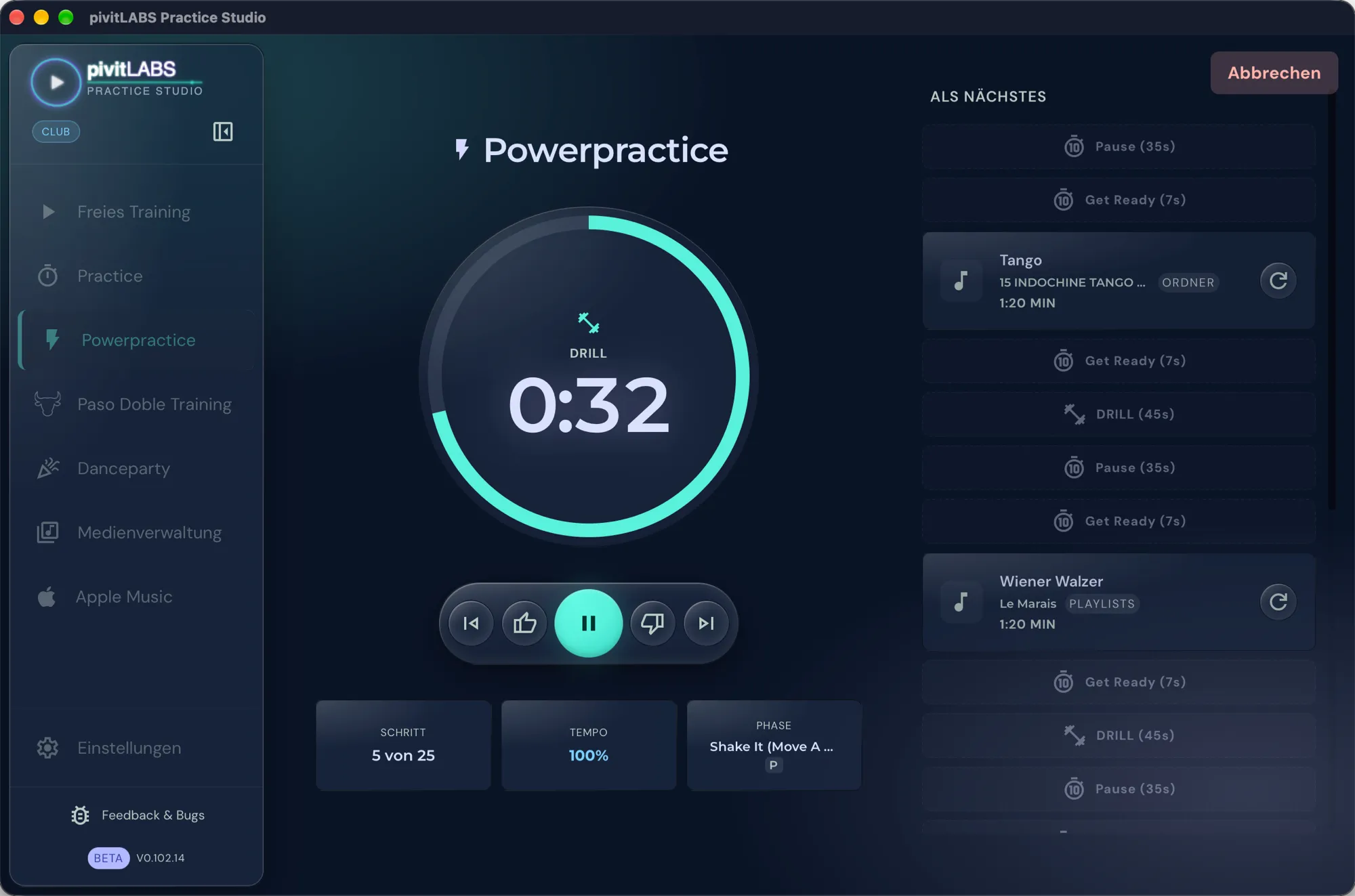 Der Player in Powerpractice: Zeitring mit der Drill-Phase und der Restzeit, darunter die Steuerung und rechts die Liste „Als nächstes”