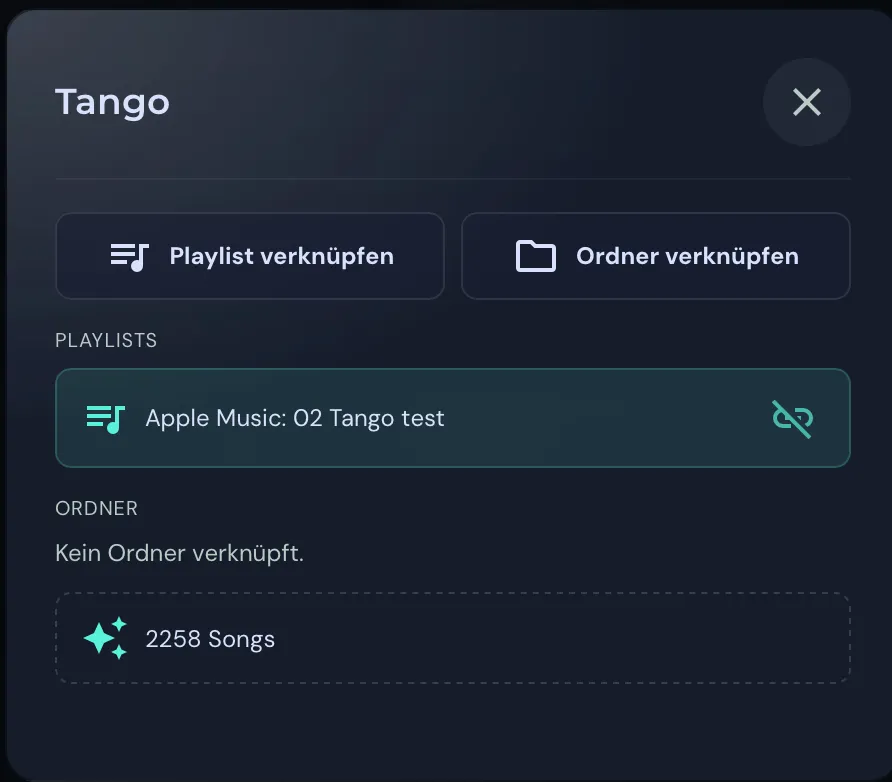 Das Fenster eines Tanzes mit den Knöpfen Playlist verknüpfen und Ordner verknüpfen, einer verknüpften Apple-Music-Playlist und der Anzahl der Auto-Songs