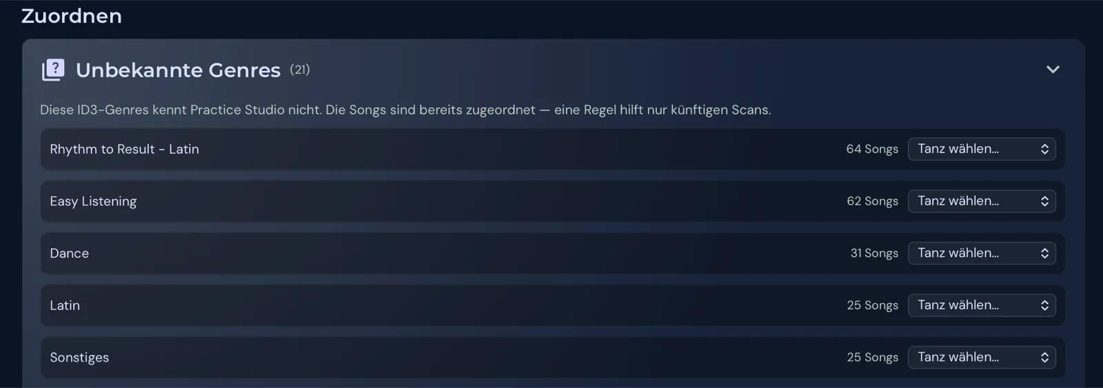 Die Liste der unbekannten Genres mit Songanzahl und einem Auswahlfeld Tanz wählen für jede Zeile